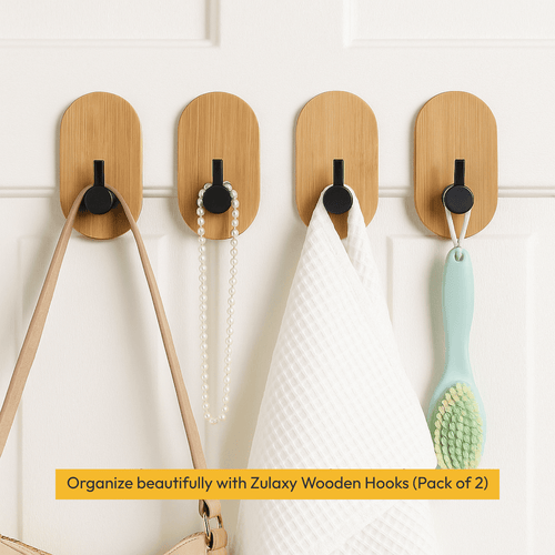 Self Adhesive Wooden Wall Hooks – Heavy Duty Sticky Hooks for Bathroom, Kitchen & Bedroom (No Drilling, Pack of 2)