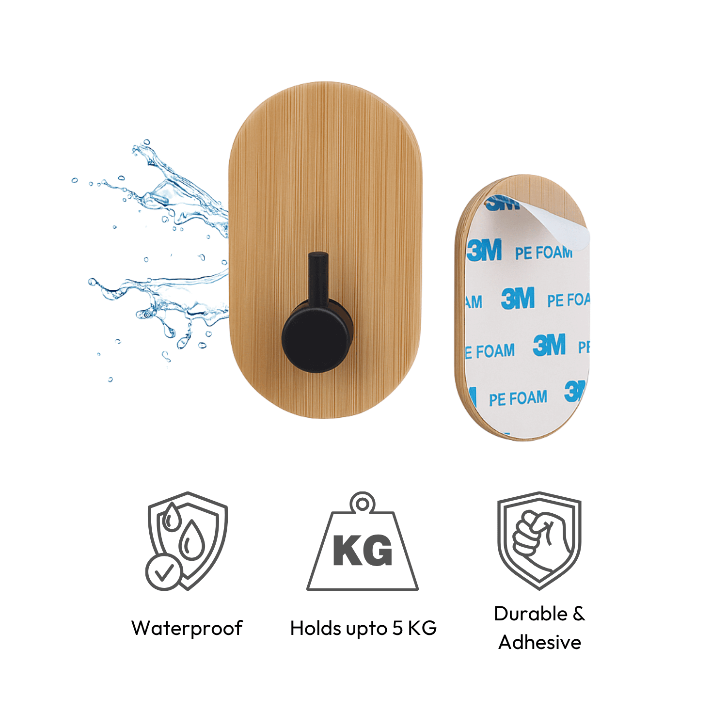 Self Adhesive Wooden Wall Hooks – Heavy Duty Sticky Hooks for Bathroom, Kitchen & Bedroom (No Drilling, Pack of 2)