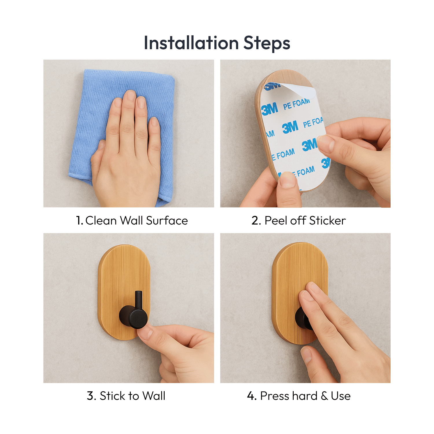 Self Adhesive Wooden Wall Hooks – Heavy Duty Sticky Hooks for Bathroom, Kitchen & Bedroom (No Drilling, Pack of 2)